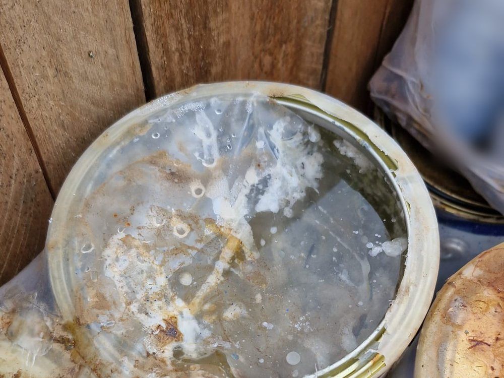 Envase de pintura abierto con residuo líquido y agua de lluvia acumulada, apoyado sobre madera